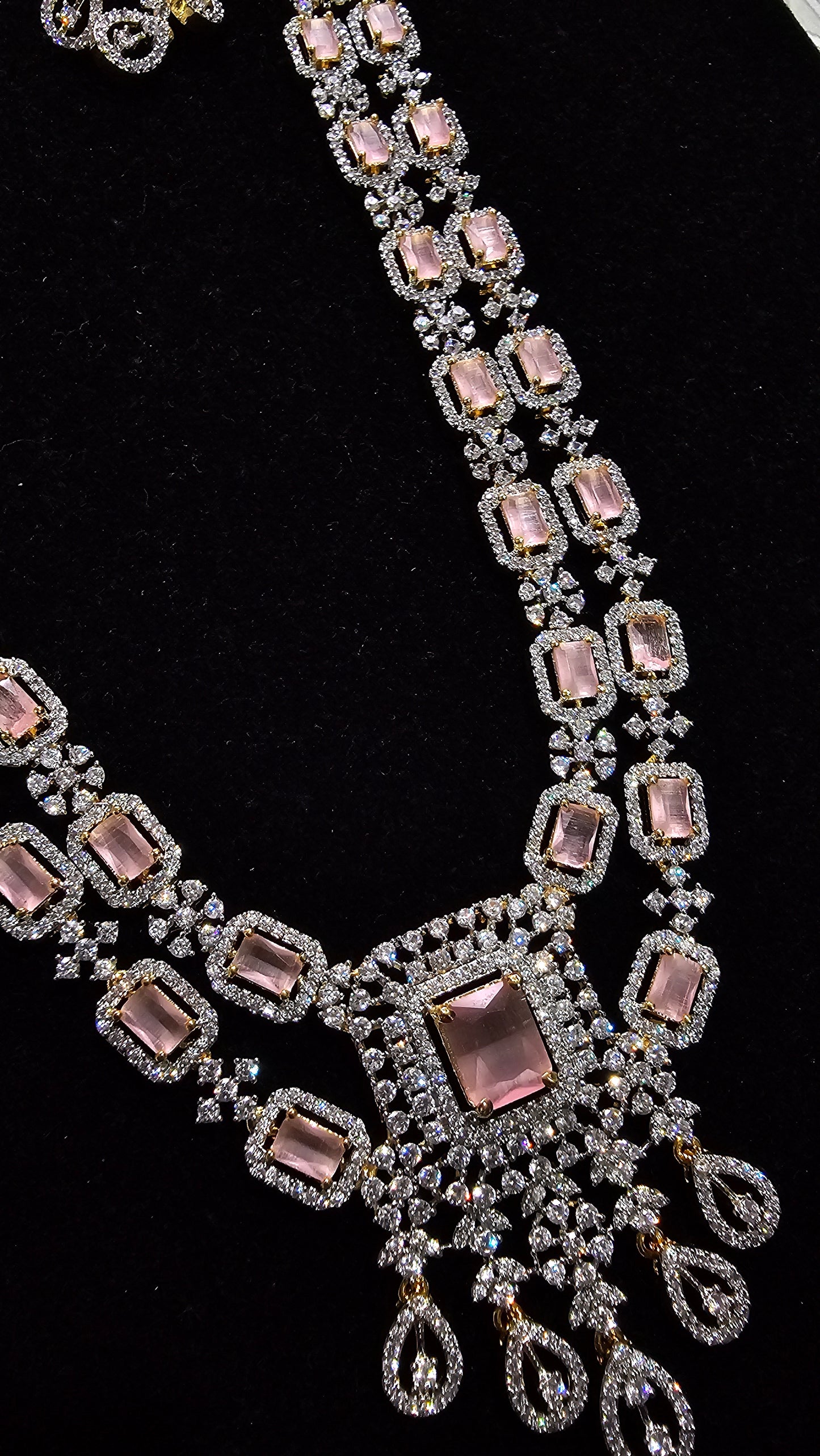 Mid-length CZ Necklace, Earrings set in Mint Green and Peach Colors