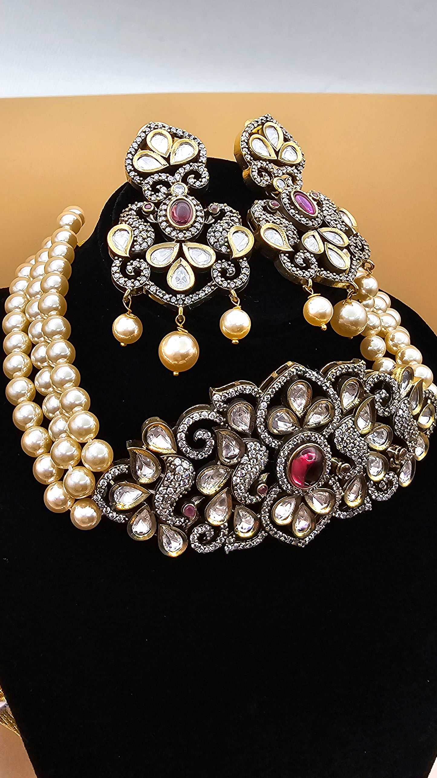 Victorian Pearl Choker & Earrings Set in Green and Red stones