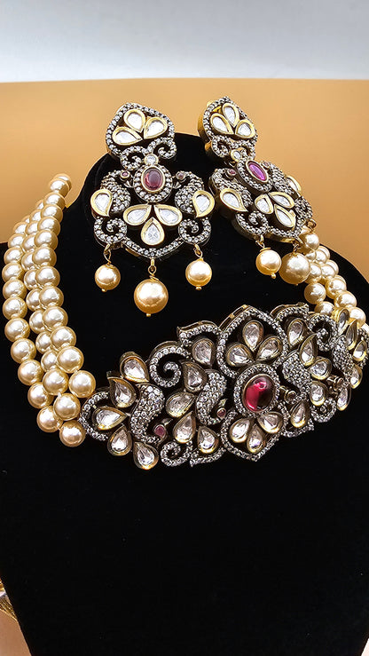 Victorian Pearl Choker & Earrings Set in Green and Red stones